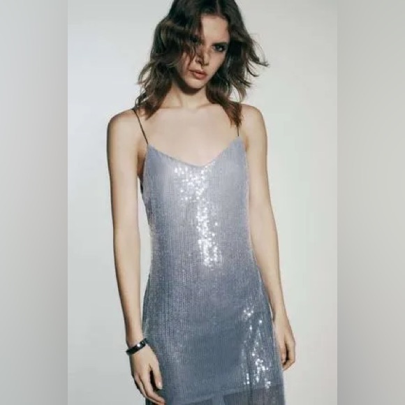 ZARA ~ Women's Blue and Silver Dress - Picture 15 of 16